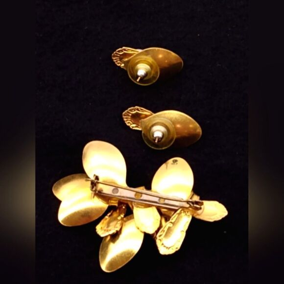 Vintage Gold Tone Spoon Brooch and Earring Set Jewelry Utensils w/ Pearls - Picture 12 of 13